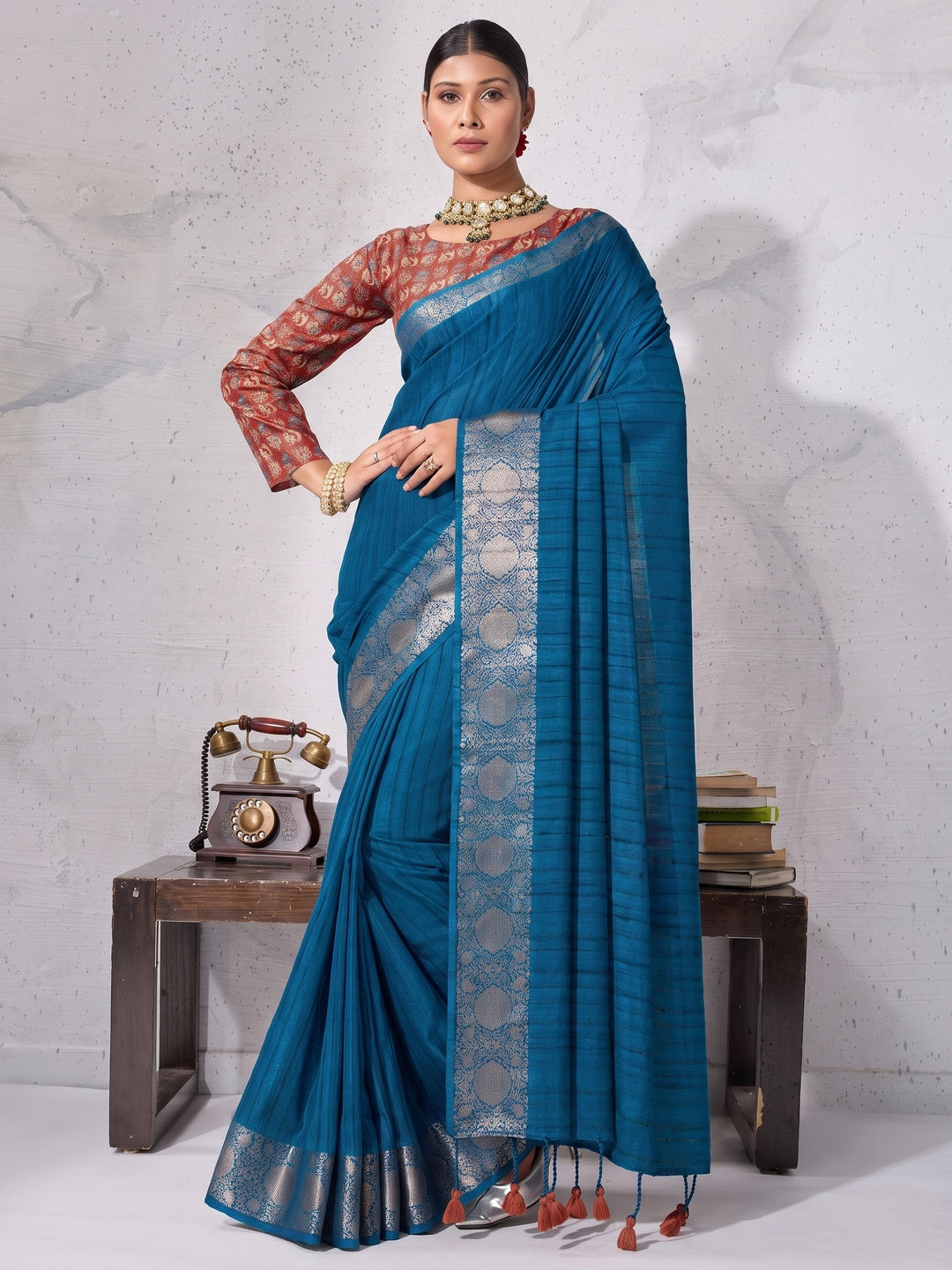 Peachmode Blue Chiffon Foil Border Saree - Image 1