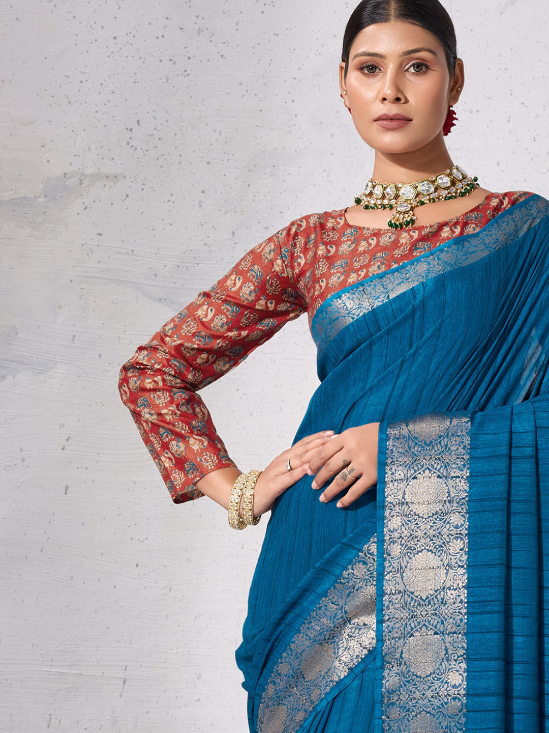 Peachmode Blue Chiffon Foil Border Saree - Image 2