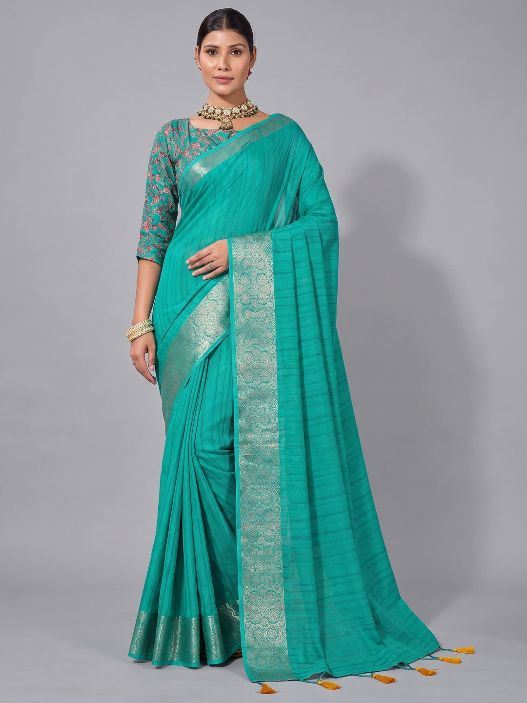 Peachmode Turquoise Chiffon Foil Border Saree - Image 1