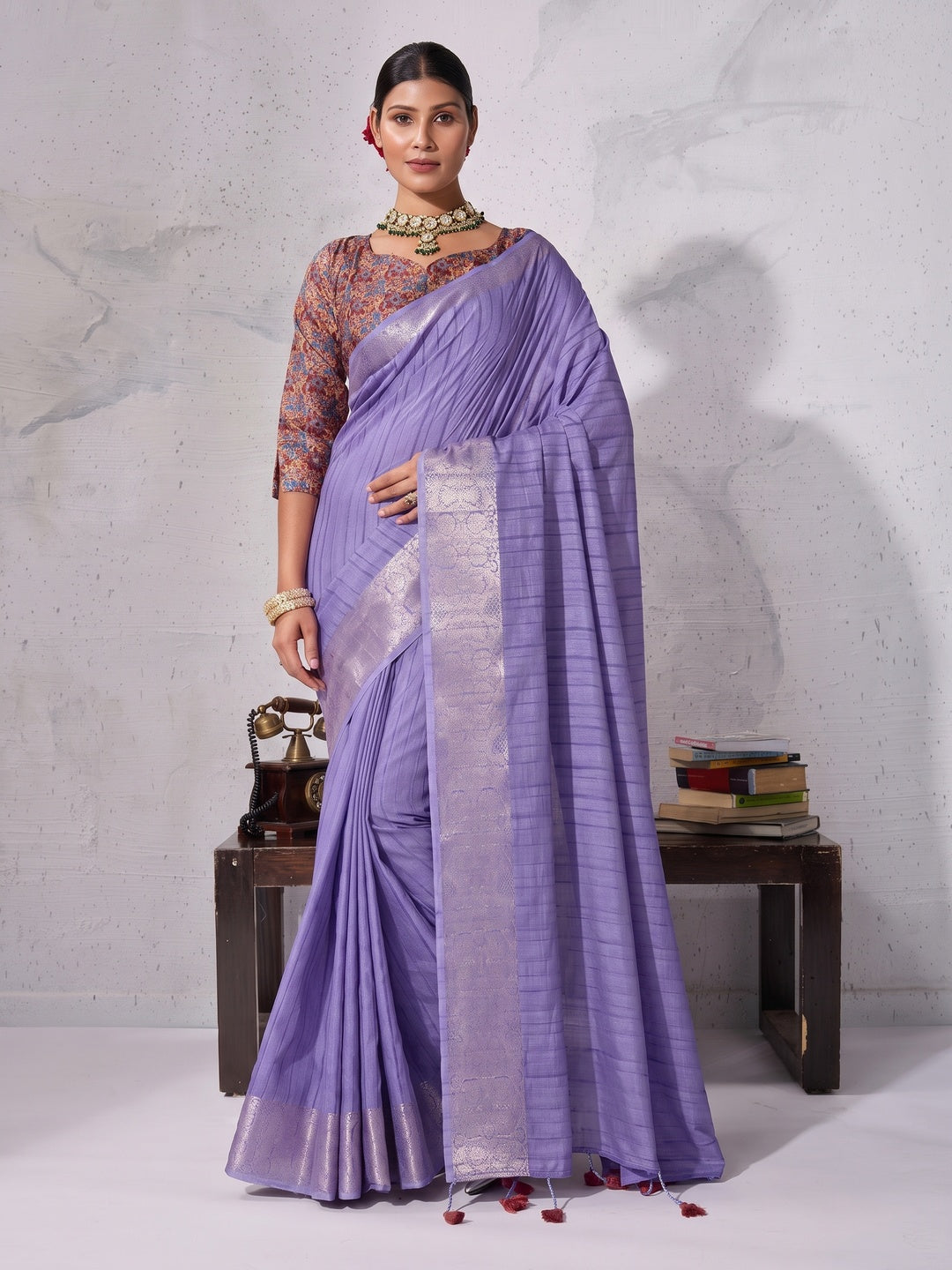 Peachmode Lavender Chiffon Foil Border Saree - Image 1