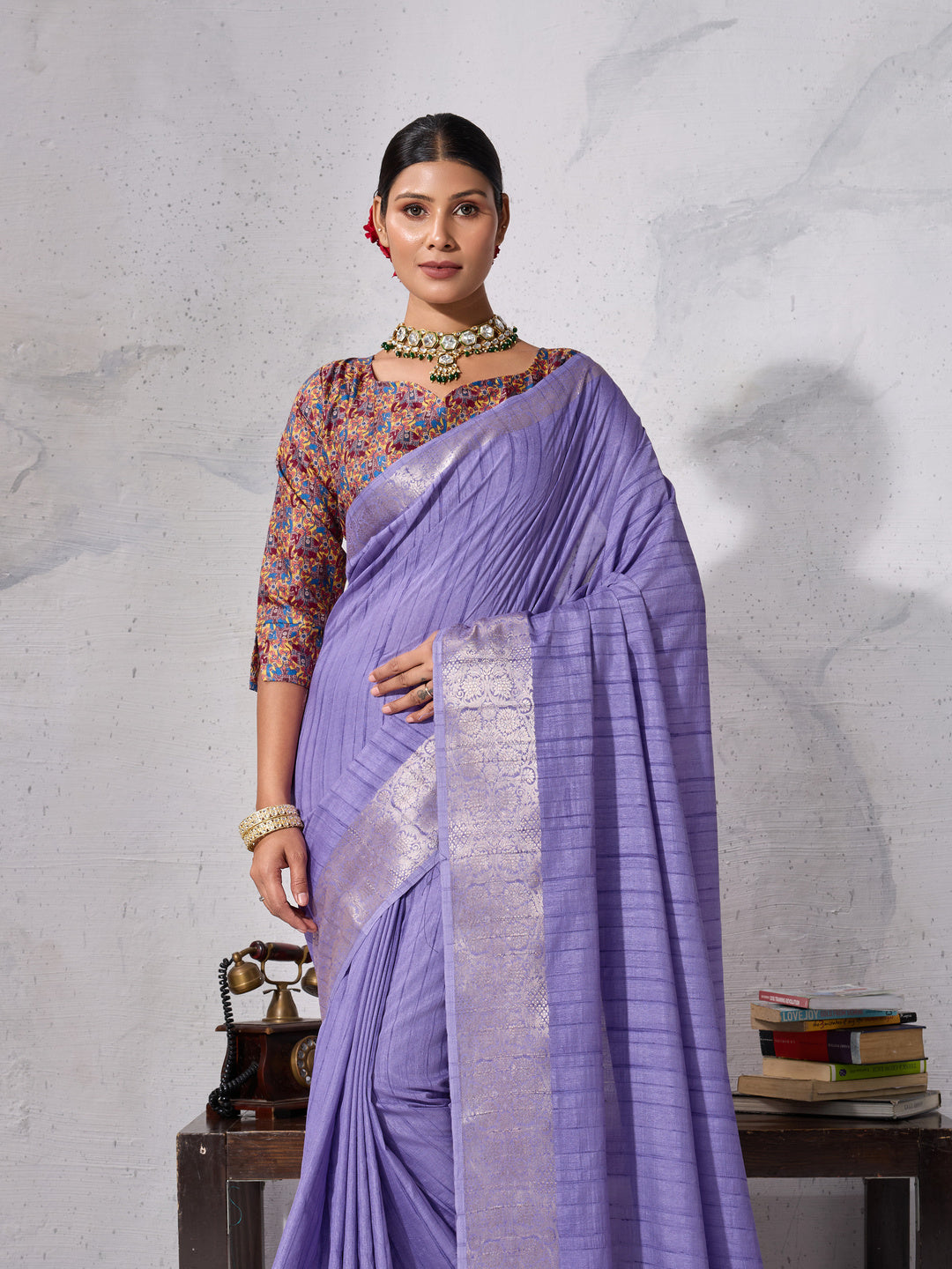 Peachmode Lavender Chiffon Foil Border Saree - Image 3