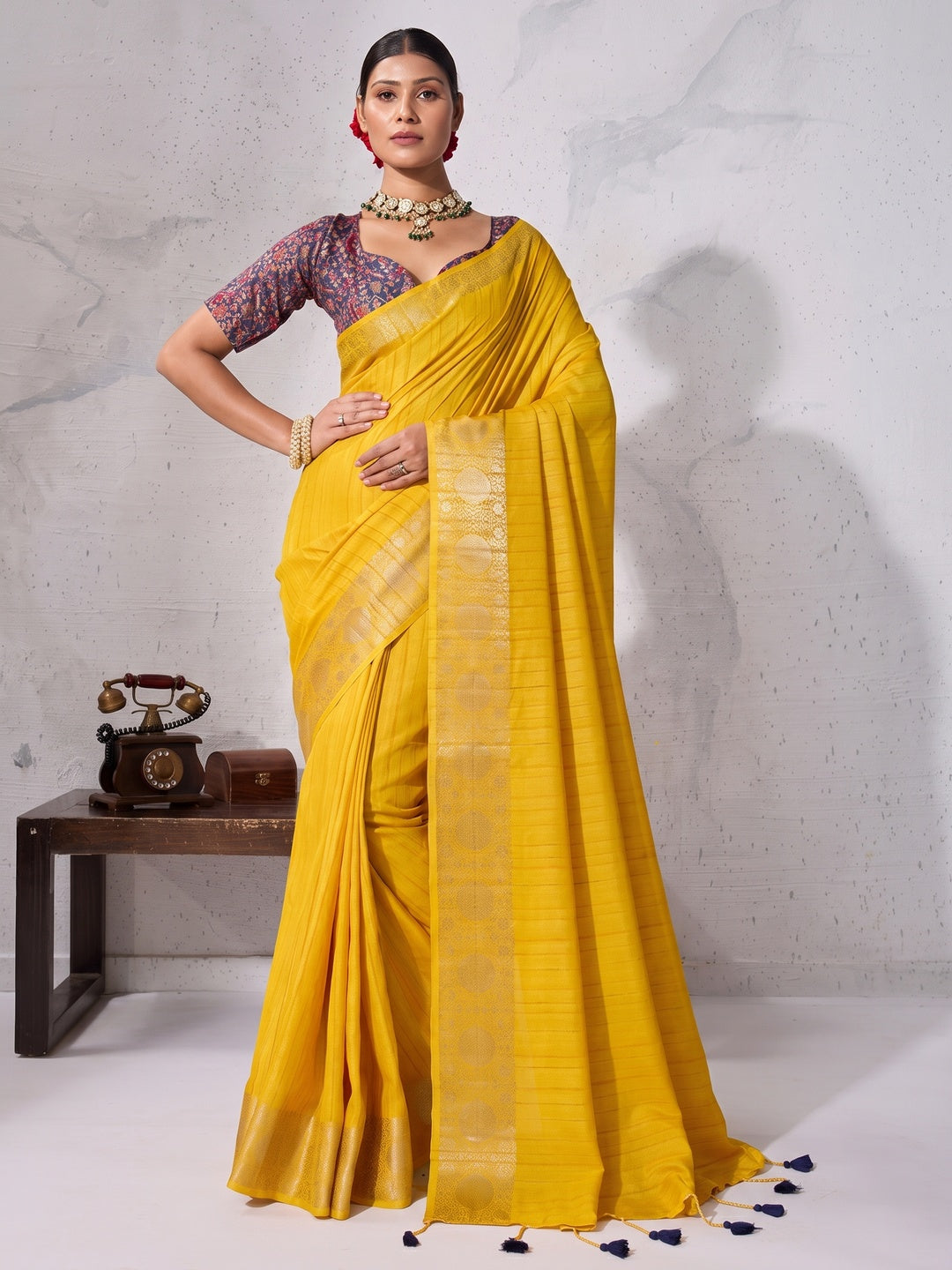 Peachmode Yellow Chiffon Foil Border Saree - Image 1