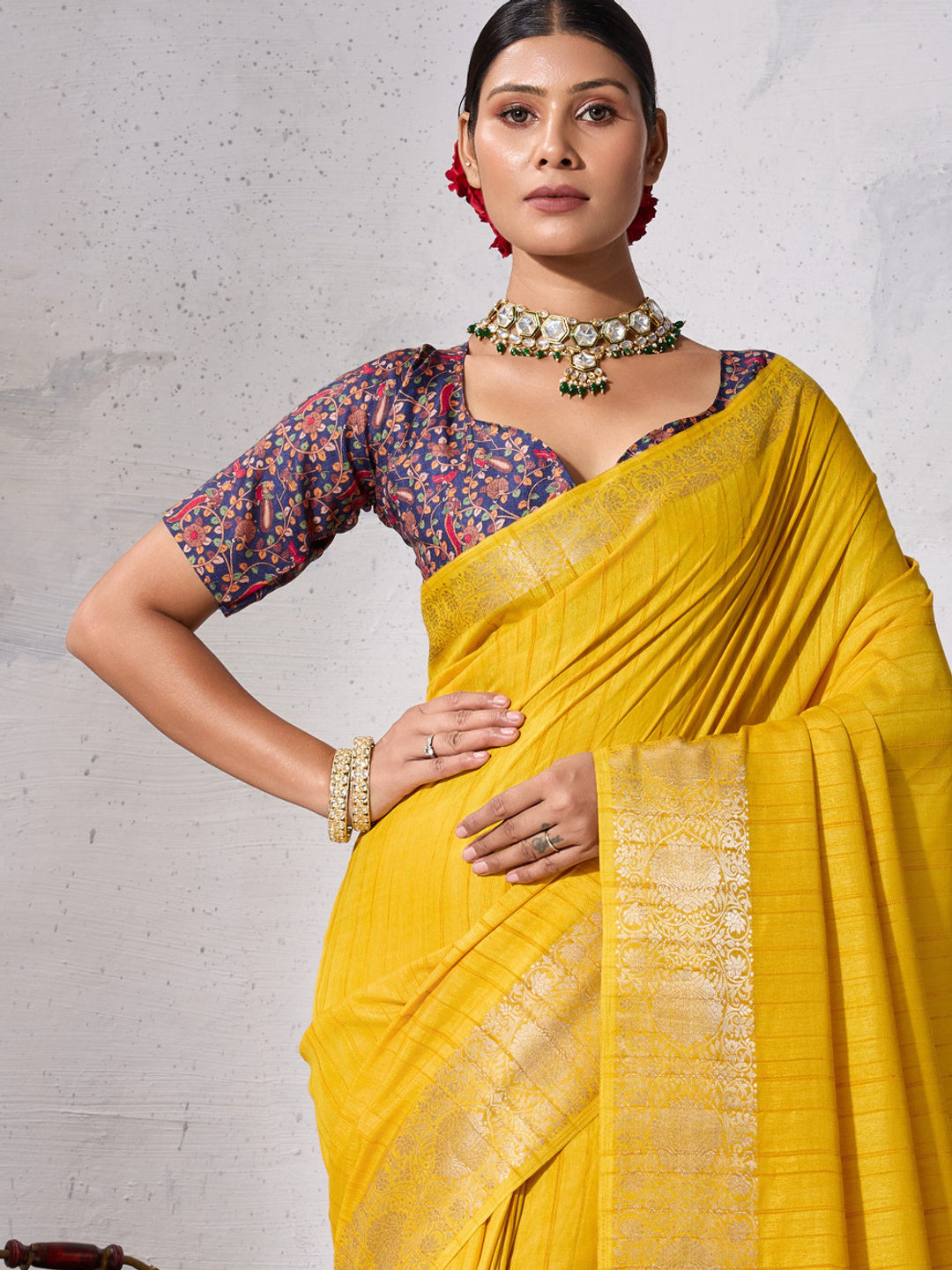 Peachmode Yellow Chiffon Foil Border Saree - Image 2