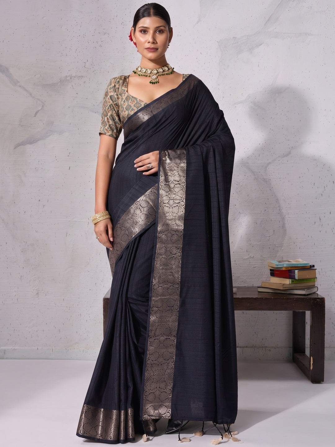 Peachmode Black Chiffon Foil Border Saree - Image 1