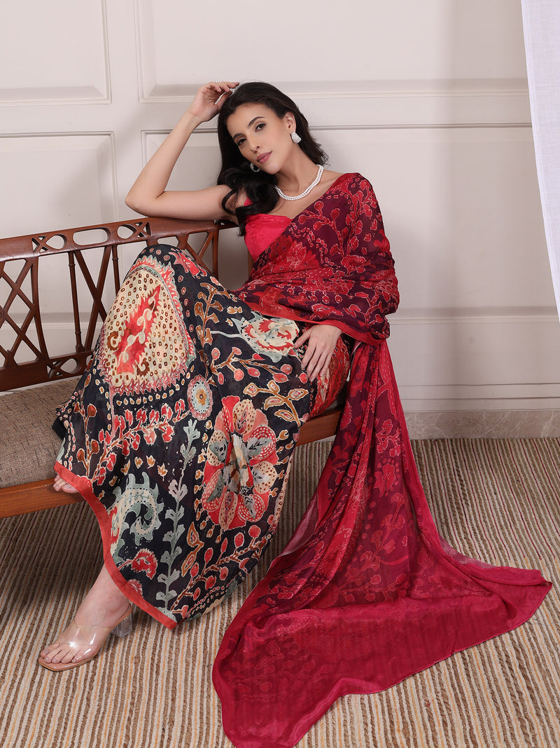 Peachmode Red and Black Chinon Floral Printed Saree - Image 3