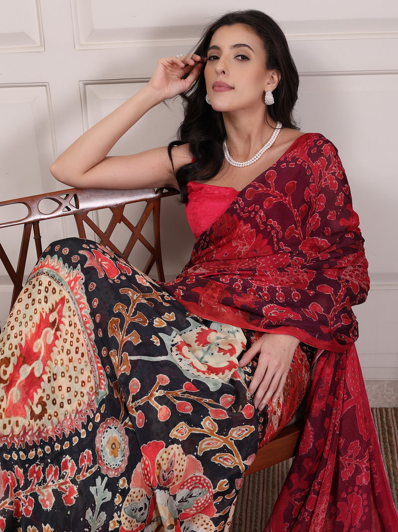 Peachmode Red and Black Chinon Floral Printed Saree - Image 4