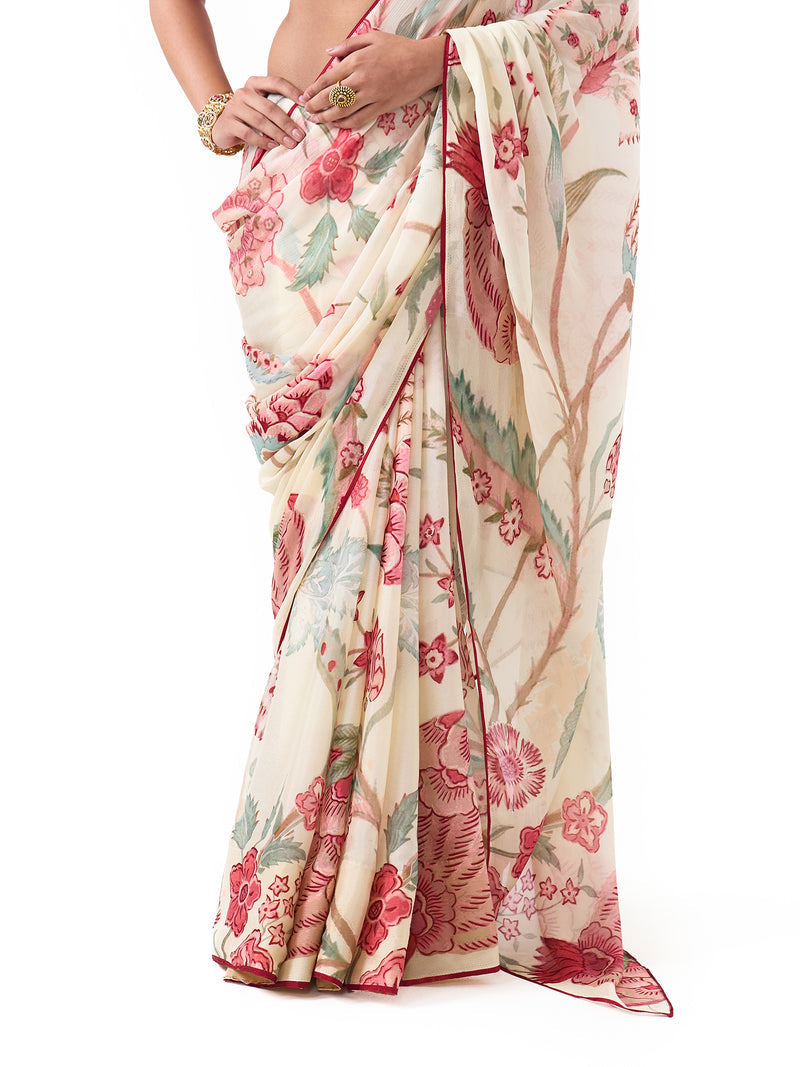 Peachmode Off White Chinon Floral Printed Saree - Image 3