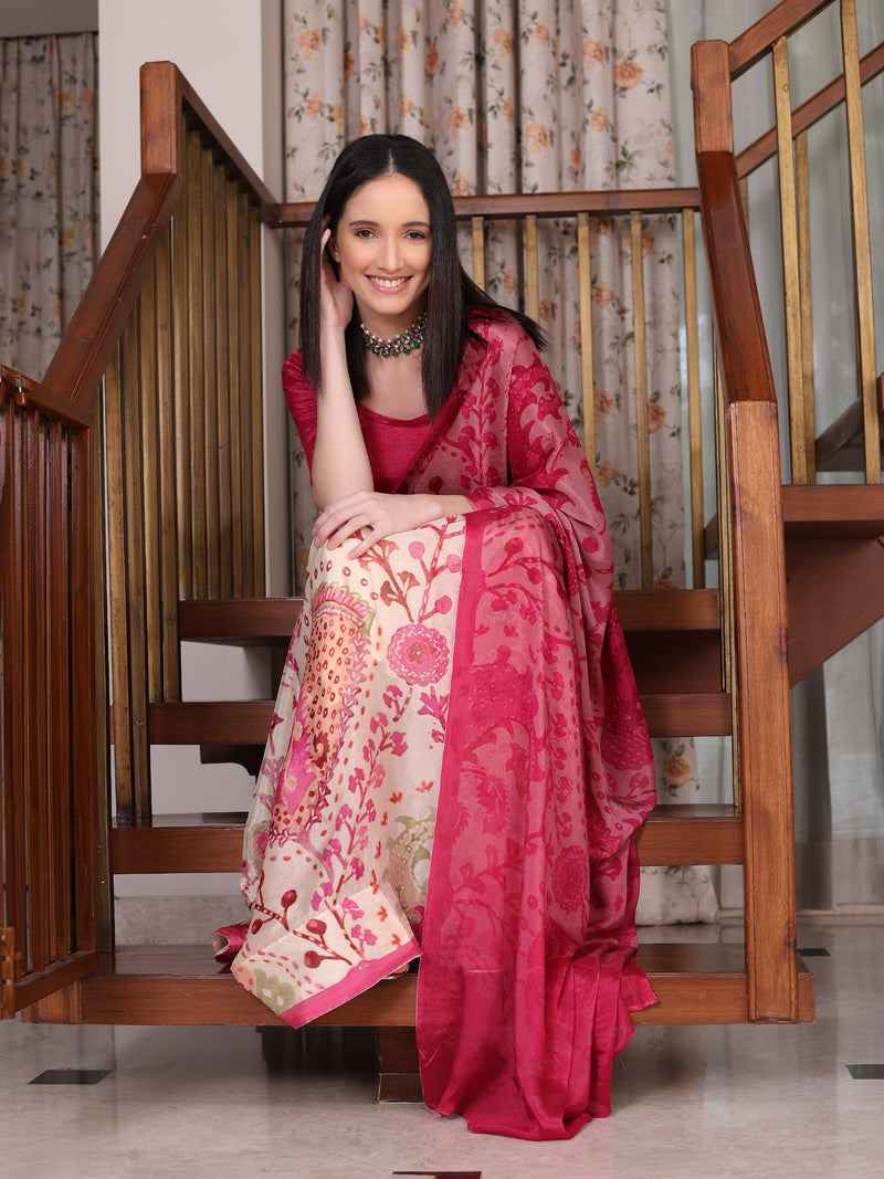 Peachmode Pink Chinon Floral Printed Saree - Image 3