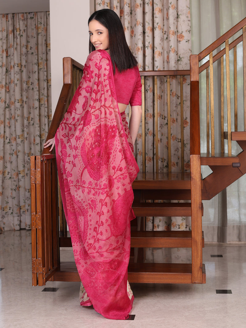 Peachmode Pink Chinon Floral Printed Saree - Image 4
