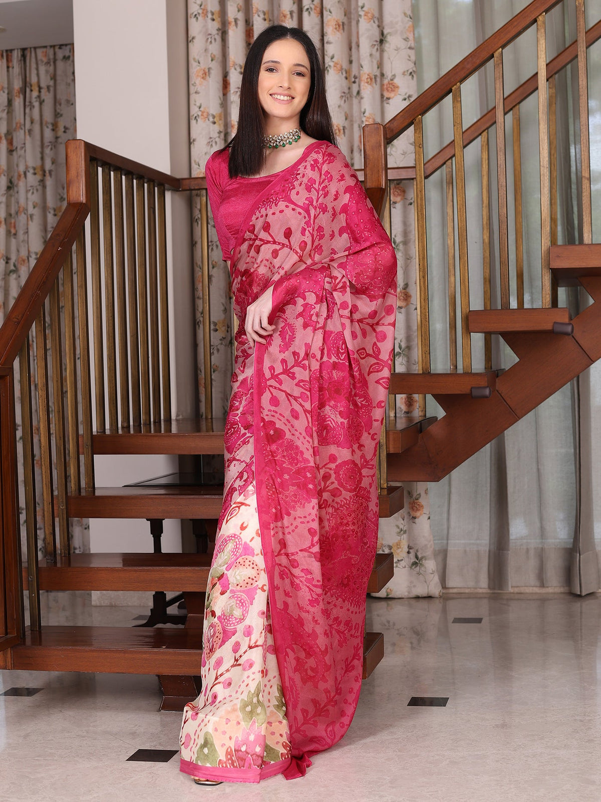 Peachmode Pink Chinon Floral Printed Saree - Image 5