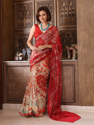 Peachmode Red Chinon Floral Printed Saree - Image 2