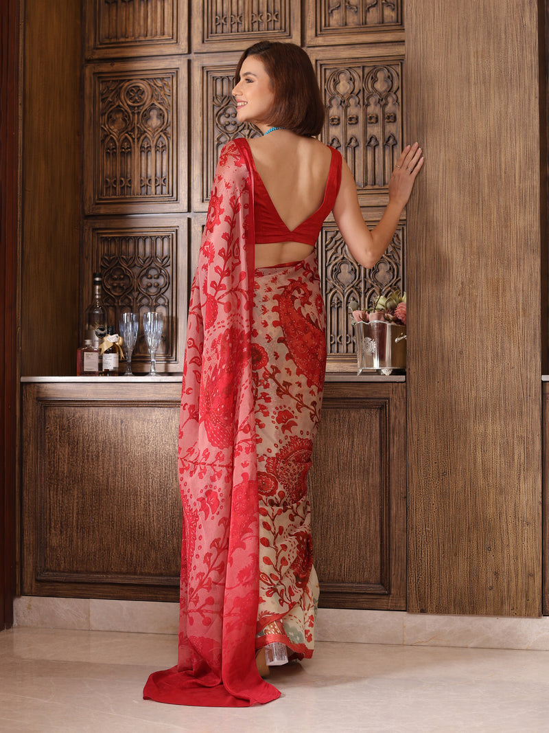 Peachmode Red Chinon Floral Printed Saree - Image 3