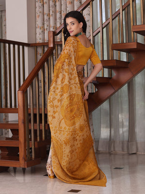 Peachmode Mustard Yellow Chinon Floral Printed Saree - Image 2