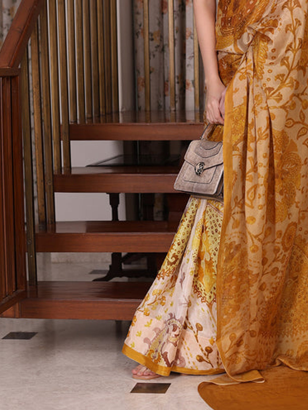 Peachmode Mustard Yellow Chinon Floral Printed Saree - Image 5