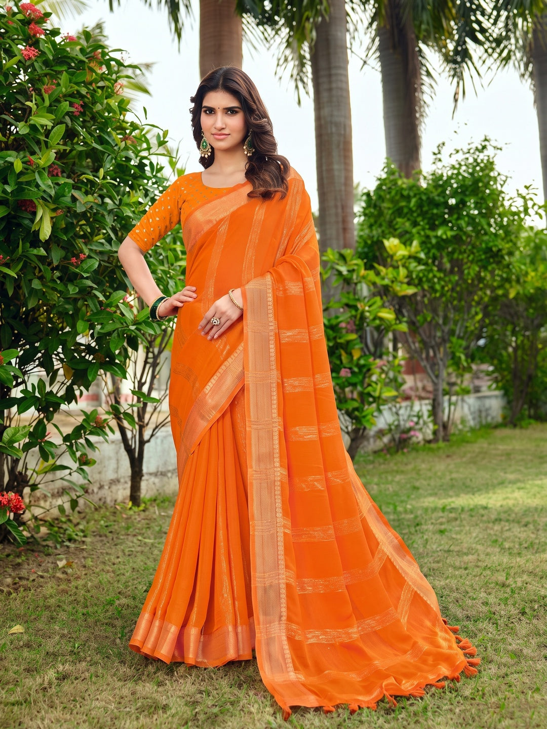 Peachmode Orange Bemberg Woven Border Saree - Image 1