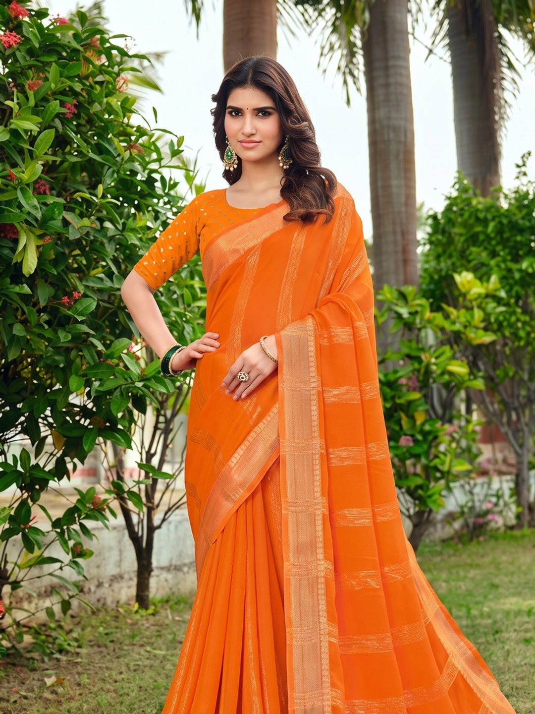 Peachmode Orange Bemberg Woven Border Saree - Image 2