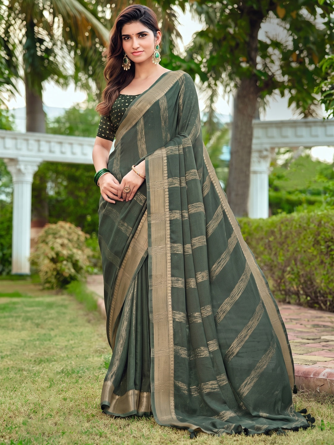 Peachmode Grey Bemberg Woven Border Saree - Image 1