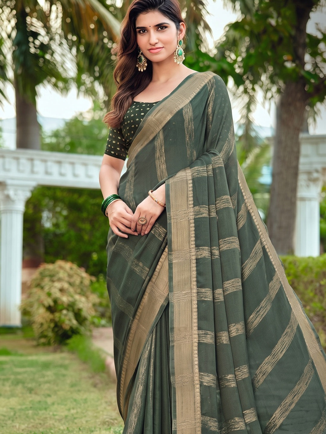 Peachmode Grey Bemberg Woven Border Saree - Image 2