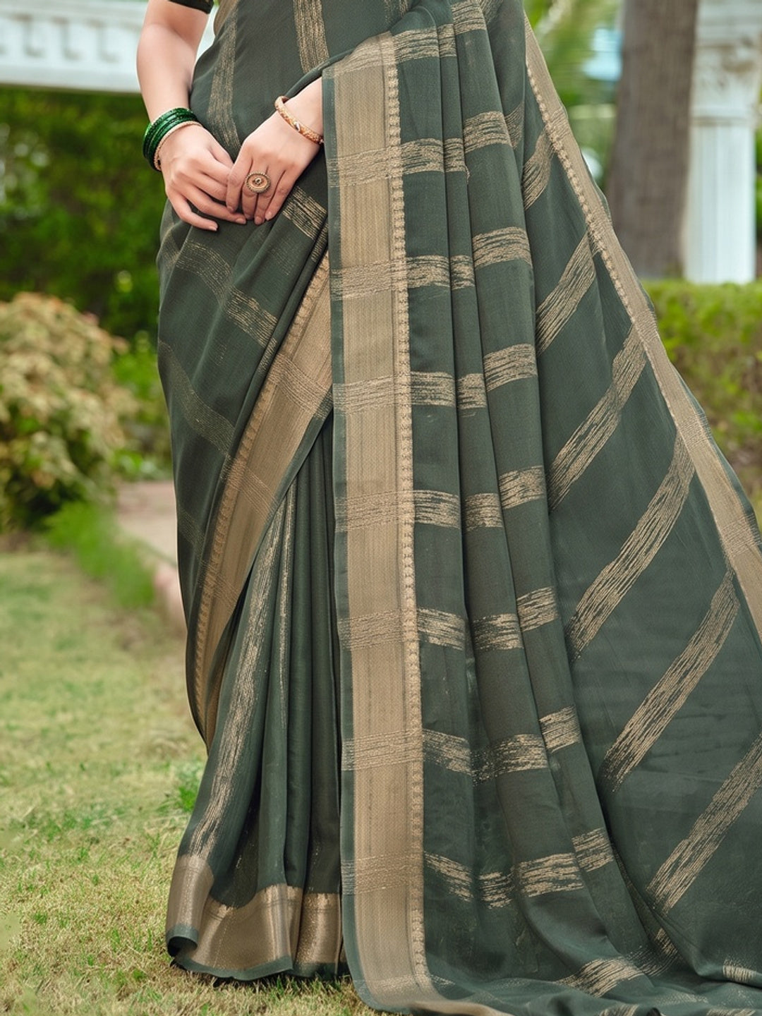 Peachmode Grey Bemberg Woven Border Saree - Image 5