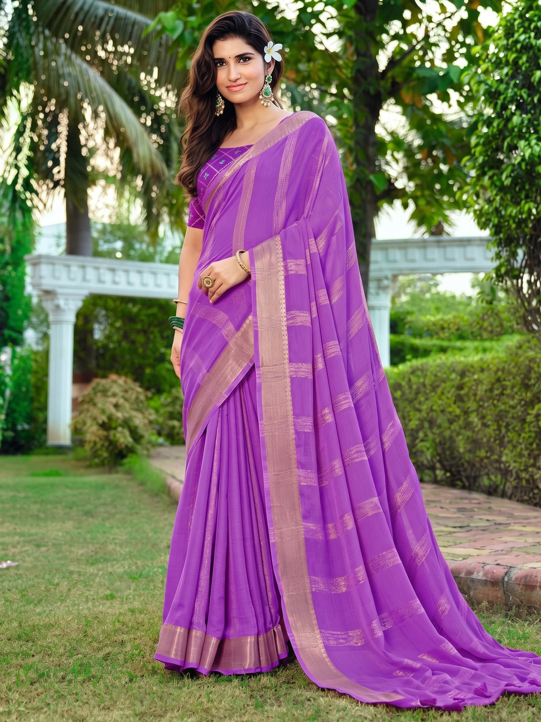 Peachmode Purple Bemberg Woven Border Saree - Image 1
