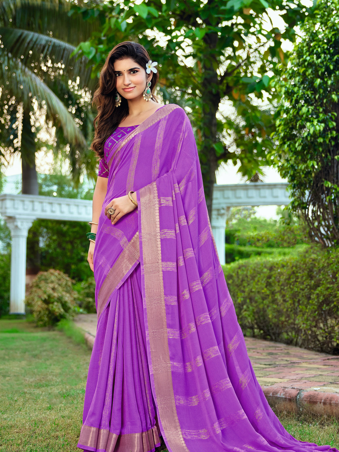 Peachmode Purple Bemberg Woven Border Saree - Image 3