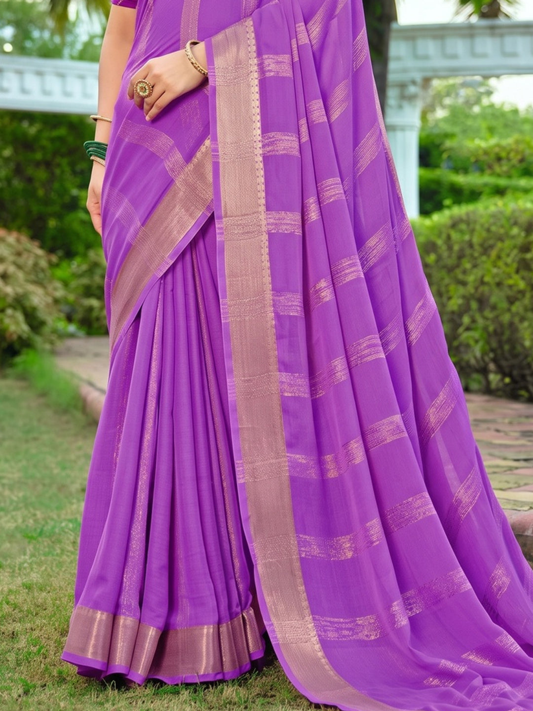 Peachmode Purple Bemberg Woven Border Saree - Image 5
