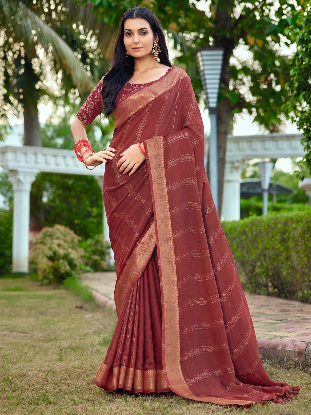Peachmode Maroon Bemberg Woven Border Saree - Image 1