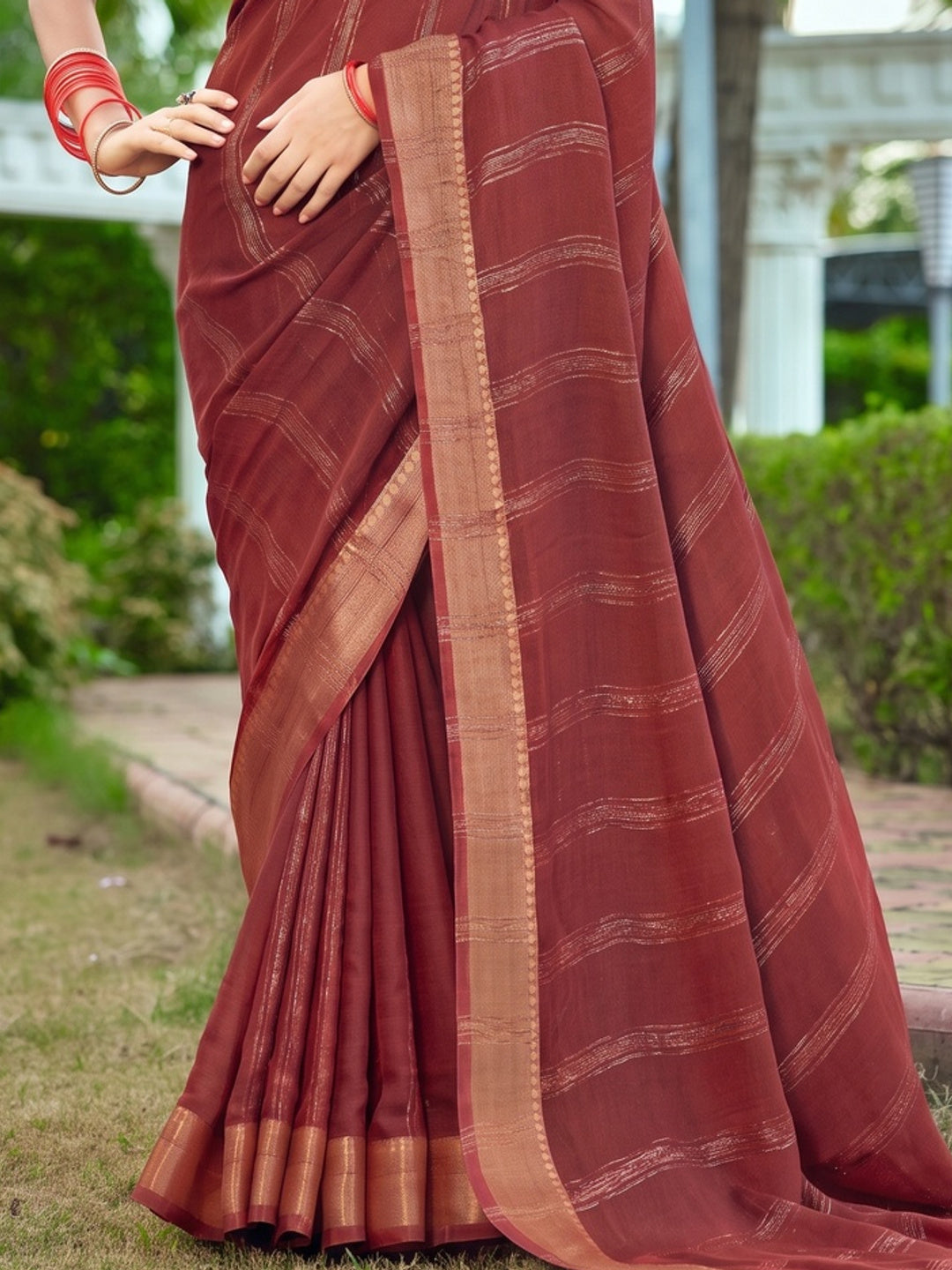Peachmode Maroon Bemberg Woven Border Saree - Image 5