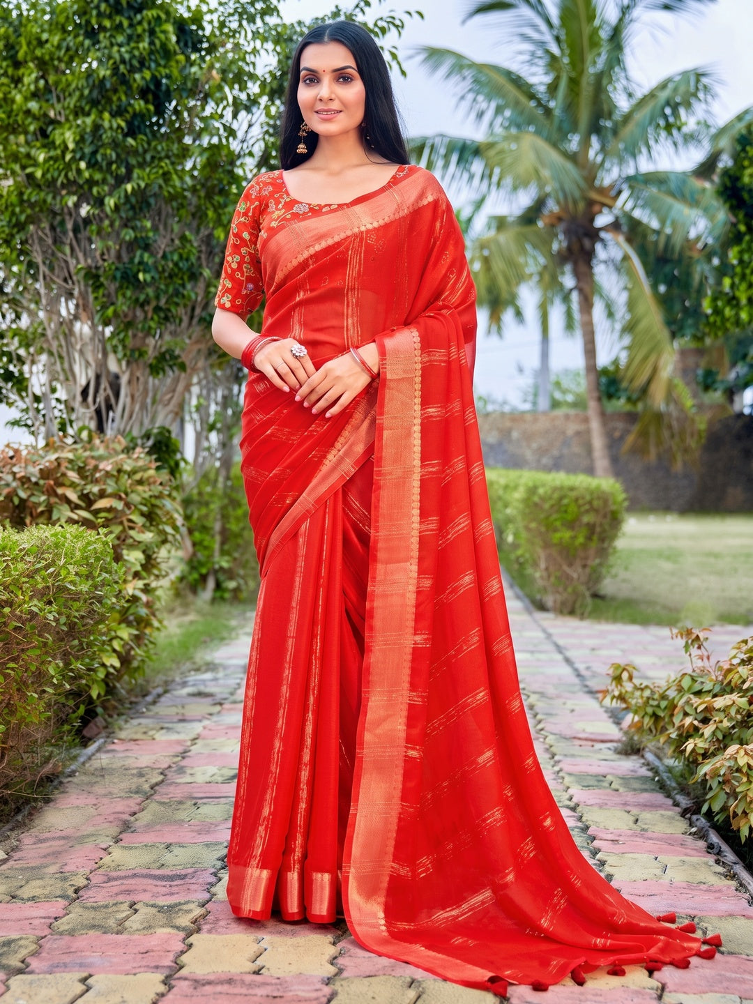 Peachmode Red Bemberg Woven Border Saree - Image 1
