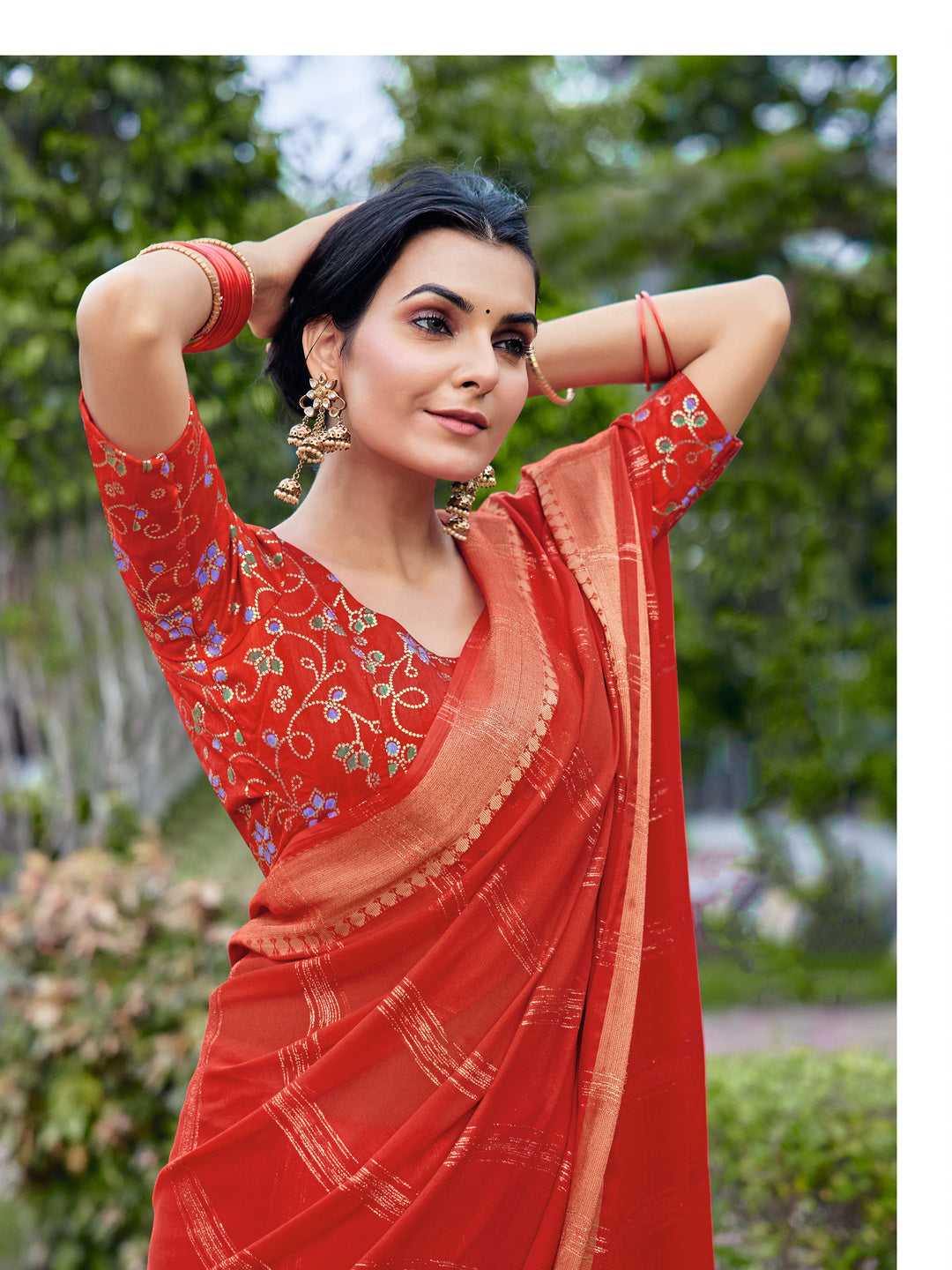 Peachmode Red Bemberg Woven Border Saree - Image 3
