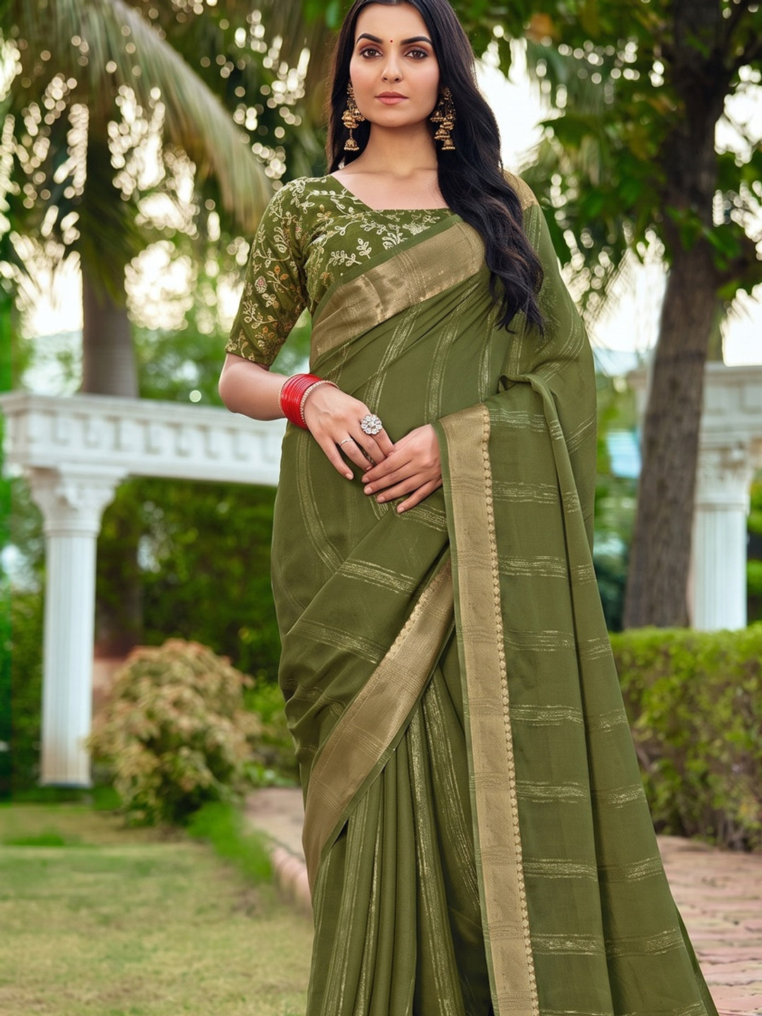 Peachmode Olive Bemberg Woven Border Saree - Image 2