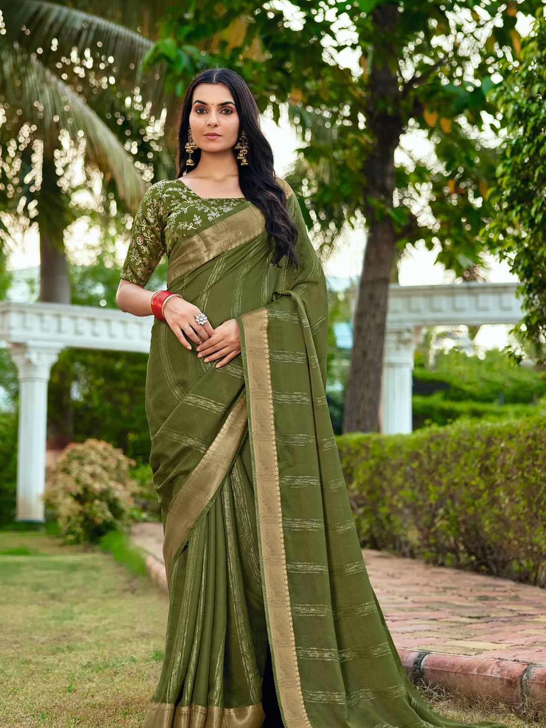 Peachmode Olive Bemberg Woven Border Saree - Image 3