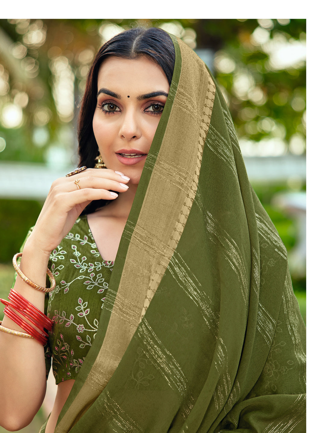 Peachmode Olive Bemberg Woven Border Saree - Image 4