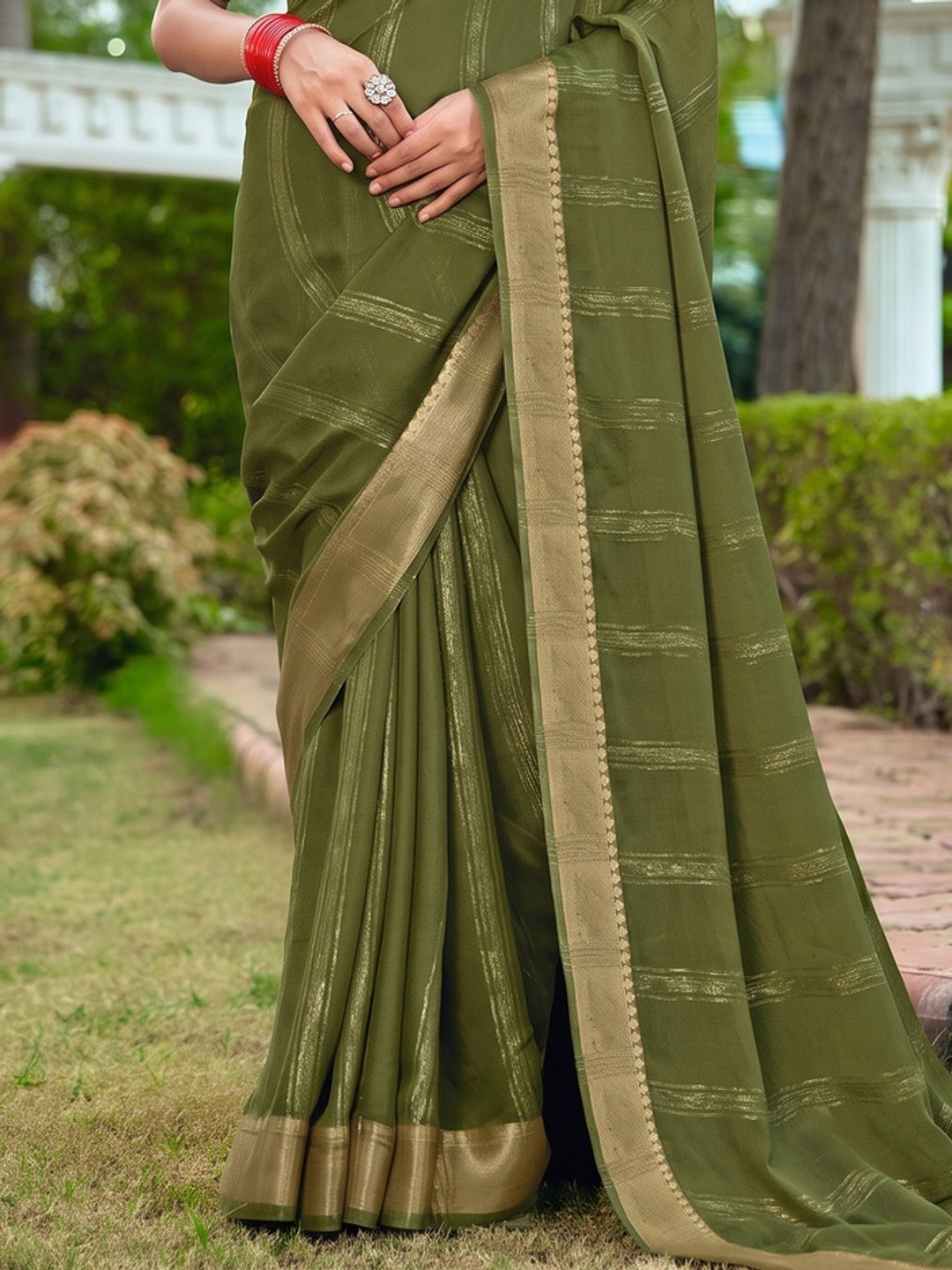 Peachmode Olive Bemberg Woven Border Saree - Image 5