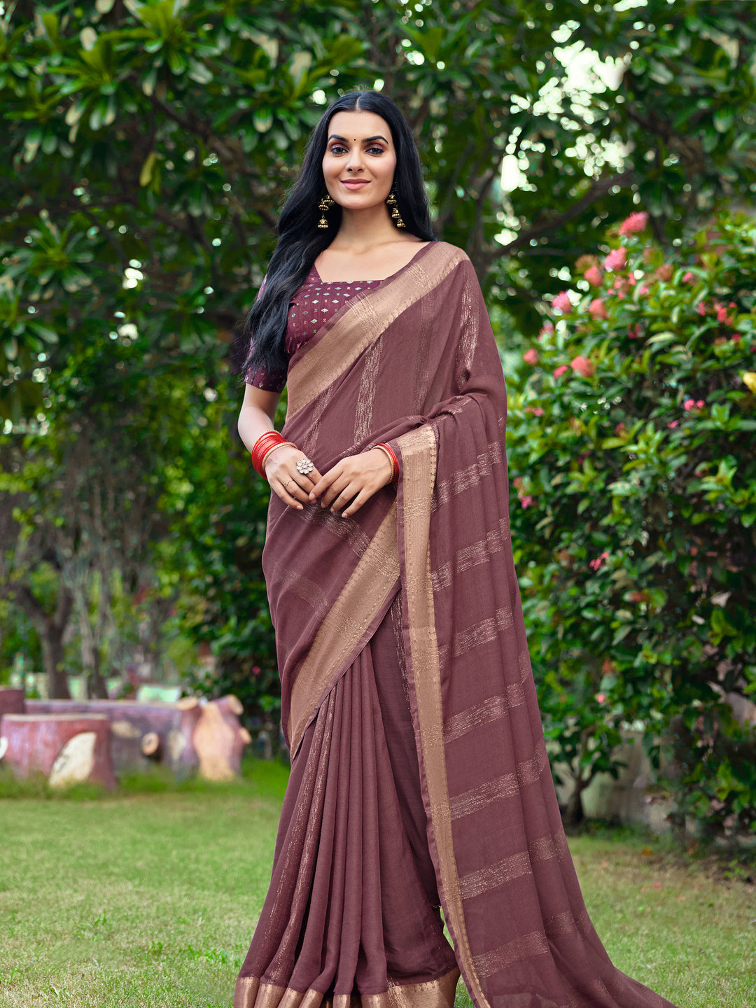 Peachmode Mauve Bemberg Woven Border Saree - Image 4