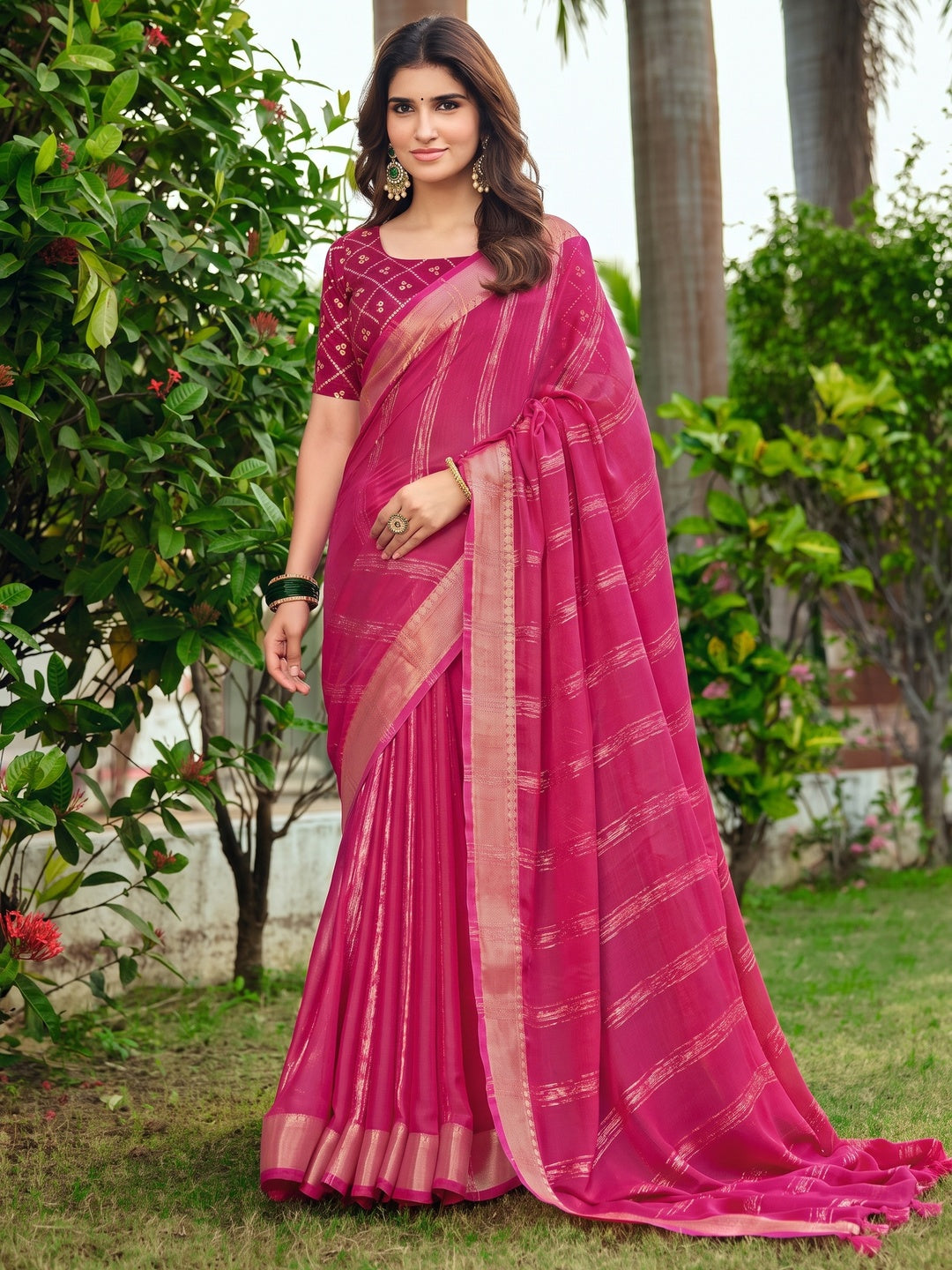 Peachmode Pink Bemberg Woven Border Saree - Image 1