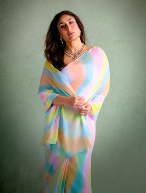 Peachmode Multicolor Georgette Ombre Striped Saree - Image 2