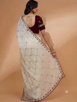 Peachmode Cream Embroidered Sequins Star Georgette Saree - Image 2