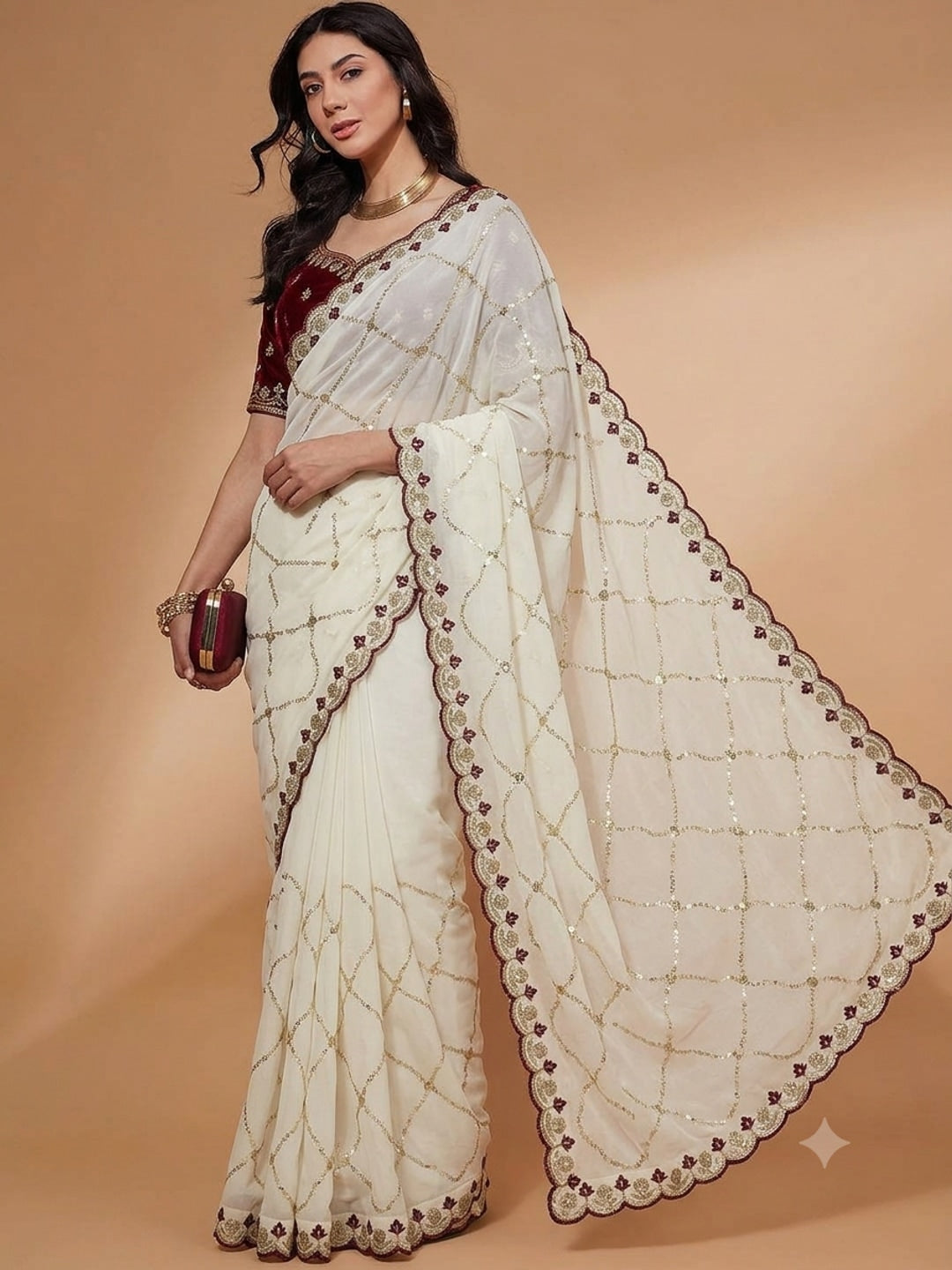 Peachmode Cream Embroidered Sequins Star Georgette Saree - Image 3