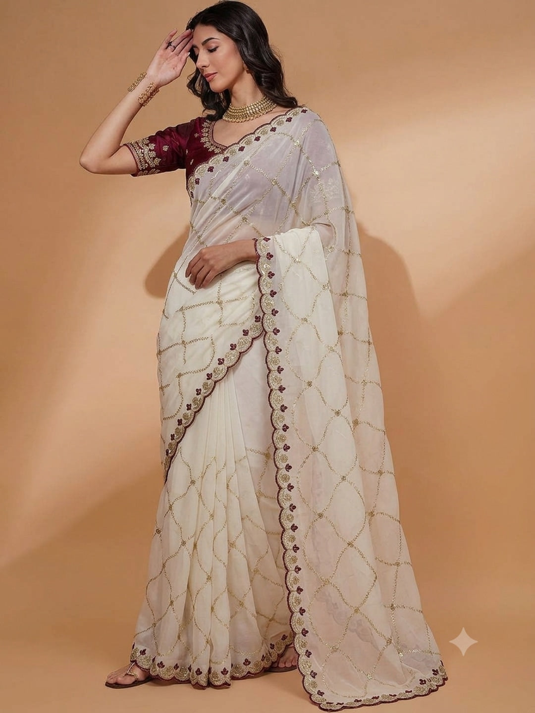 Peachmode Cream Embroidered Sequins Star Georgette Saree - Image 4