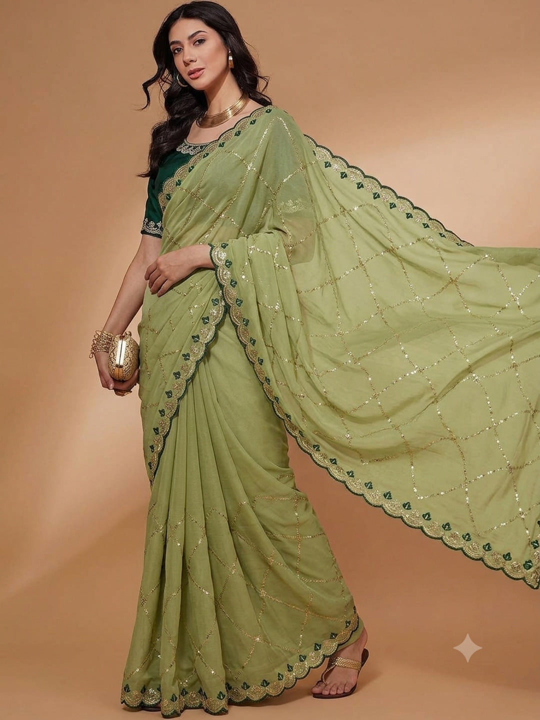 Peachmode Lime Green Embroidered Sequins Star Georgette Saree - Image 1
