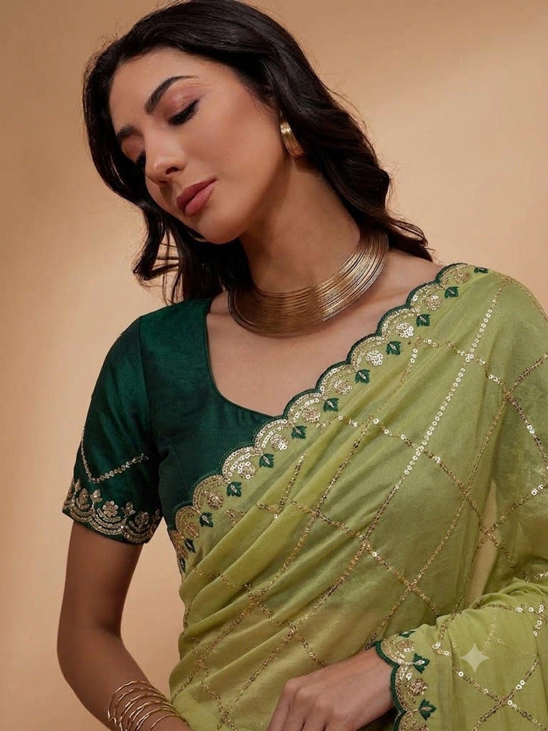 Peachmode Lime Green Embroidered Sequins Star Georgette Saree - Image 2
