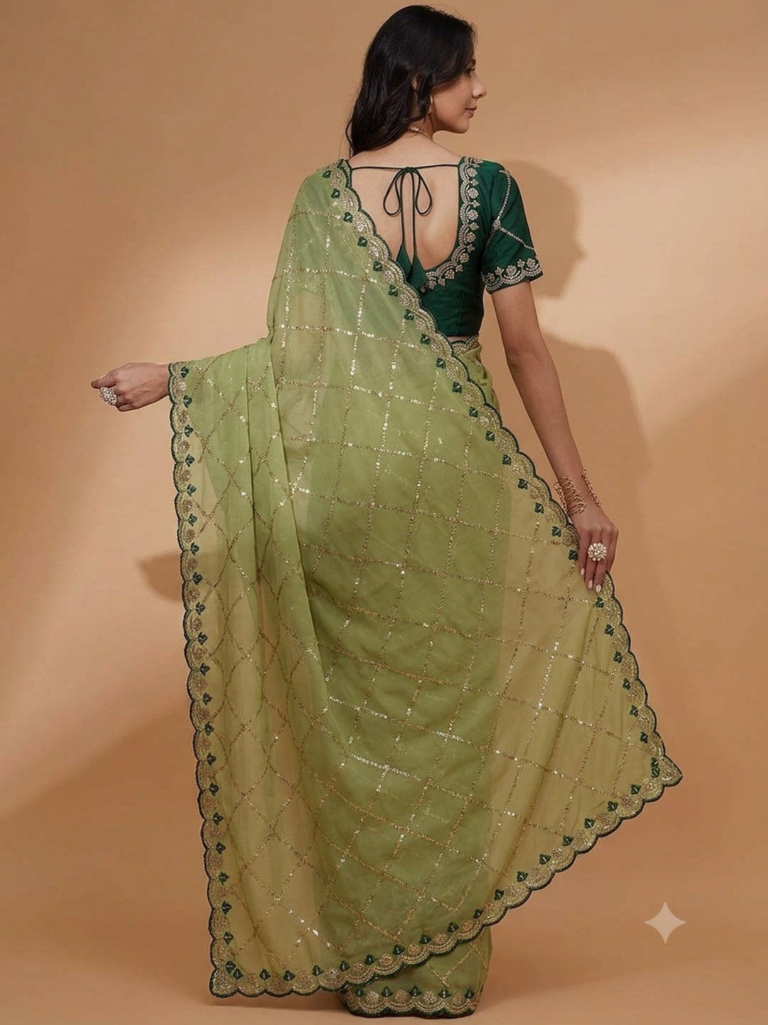 Peachmode Lime Green Embroidered Sequins Star Georgette Saree - Image 3
