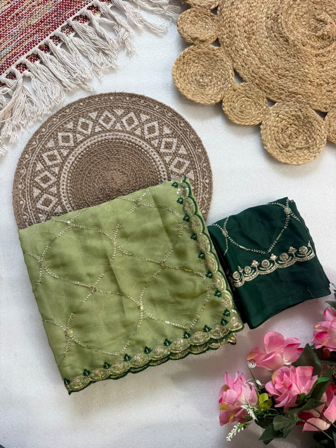 Peachmode Lime Green Embroidered Sequins Star Georgette Saree - Image 5