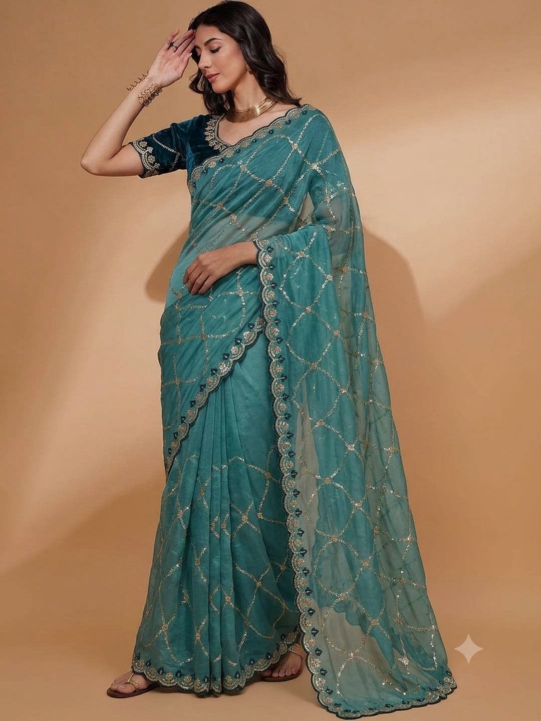 Peachmode Turquoise Embroidered Sequins Star Georgette Saree - Image 4