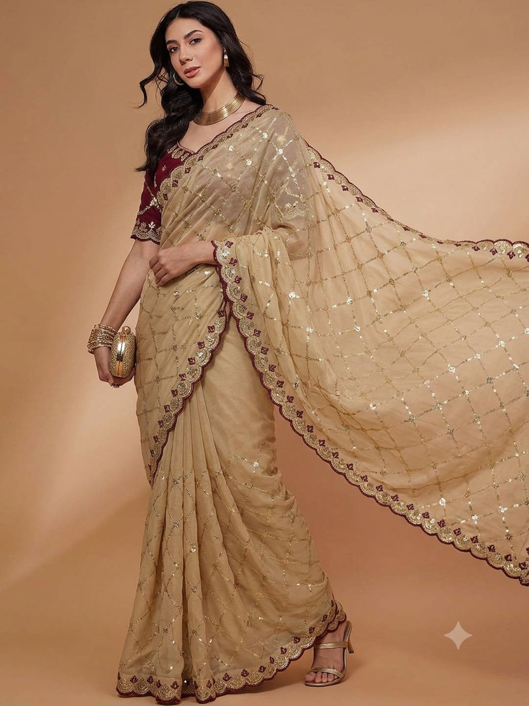 Peachmode Beige Embroidered Sequins Star Georgette Saree - Image 1