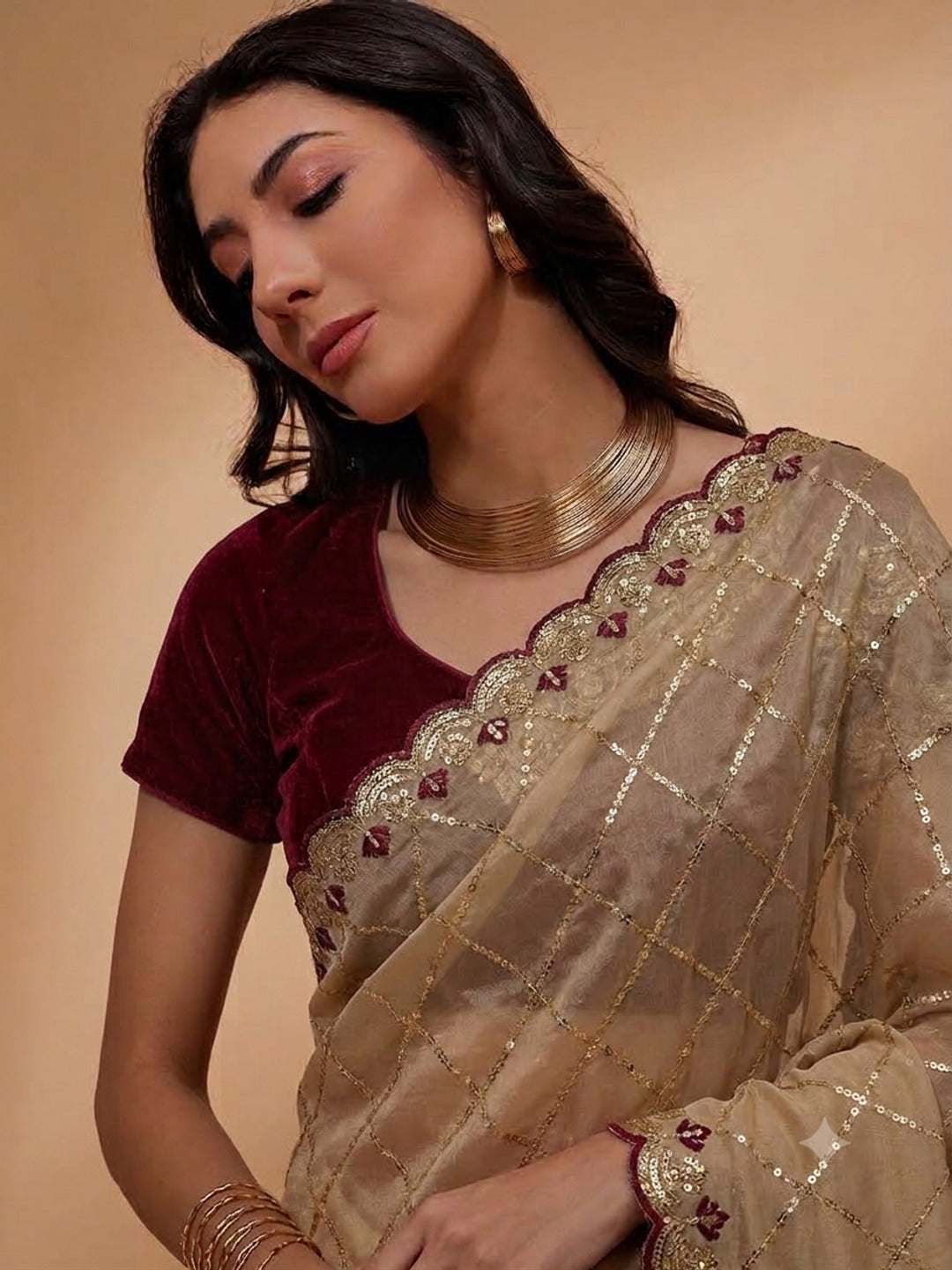 Peachmode Beige Embroidered Sequins Star Georgette Saree - Image 2