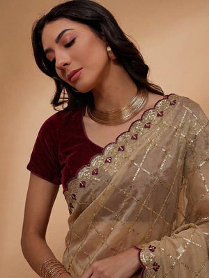 Peachmode Beige Embroidered Sequins Star Georgette Saree - Image 2