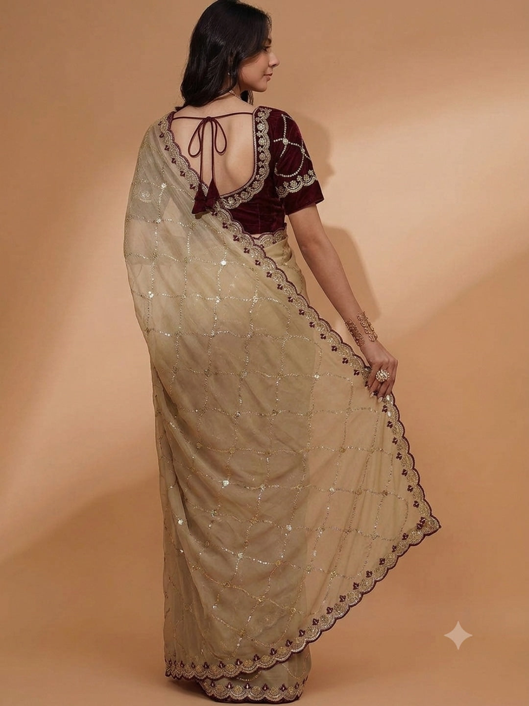 Peachmode Beige Embroidered Sequins Star Georgette Saree - Image 3