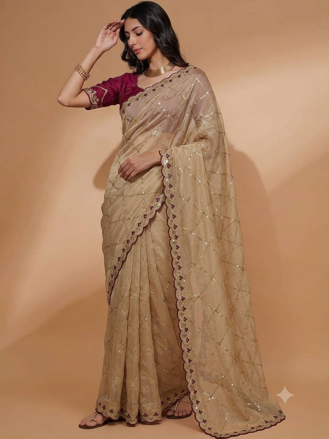 Peachmode Beige Embroidered Sequins Star Georgette Saree - Image 4